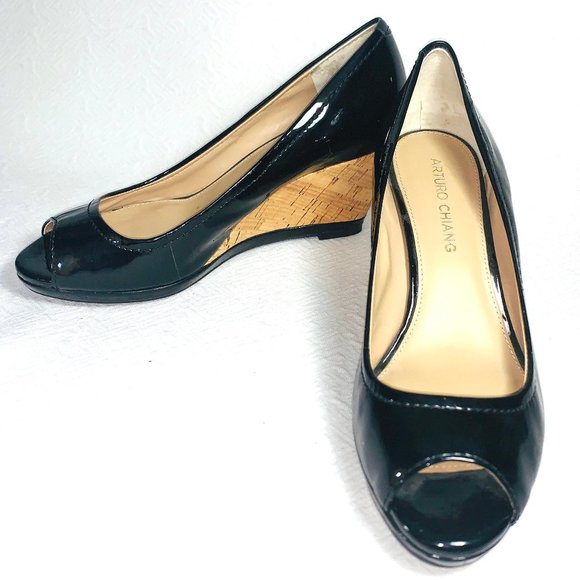 Arturo Chang Peep toe wedges black 8 - Picture 1 of 5